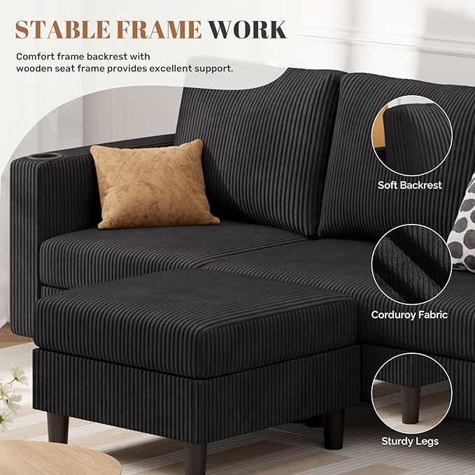 Upholstered Sectional Sofa and Couches, 78'' L Shaped 3-seat Sofa for Living Room, Apartment, Lounge,Bedroom-Washable Covers Convertible Sofas(Corduroy,Black)