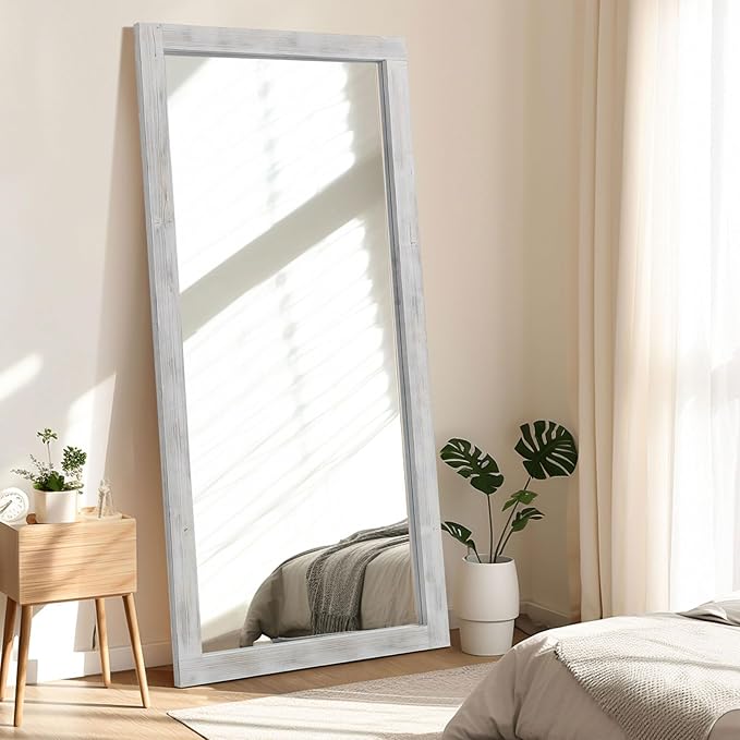 Rustic Farmhouse Full Length Mirror with Stand 71"X32" Large Wood Frame Floor Mirror, Leaning or Wall-Mounted Free Standing Mirror Tempered Glass for Bedroom Living Room, White
