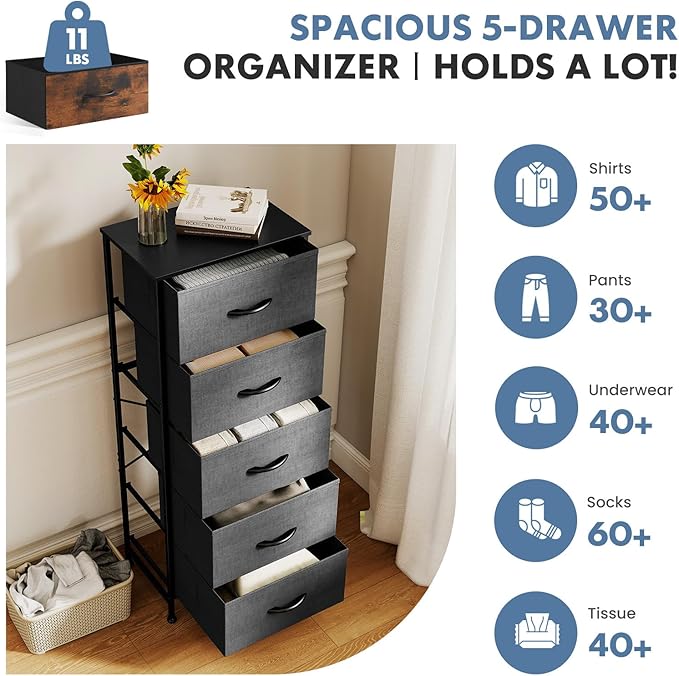 DUMOS Nightstand with 5 Drawers Bedside Table with Removable Fabric Bins Sturdy Steel Frame Wood Top Organizer Furniture for Bedroom Closet Living Room, Grey