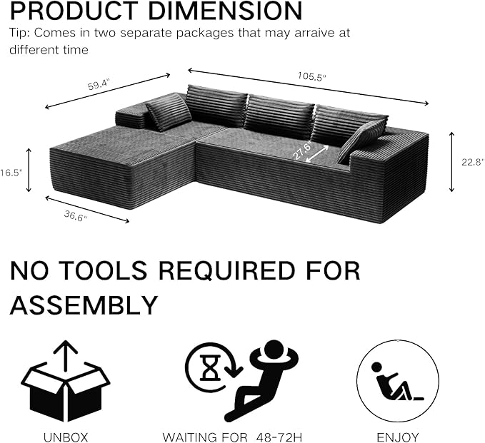 105.5" Modular Sectional Sofa L-Shape, Modular Cloud Sofa with Deep Seat for Living Room Bedroom, Upholstered Couches No Assembly Required (Gray Left Facing Chaise)