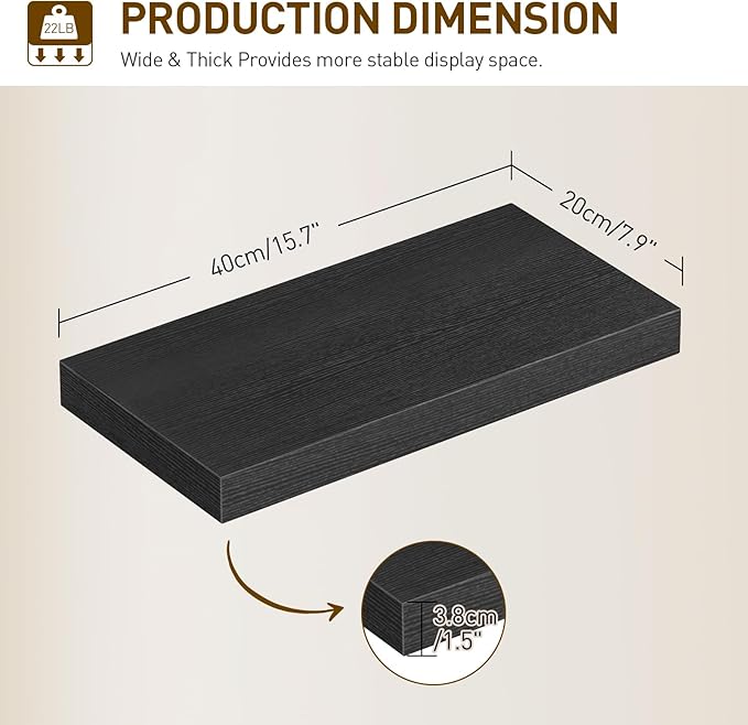 Floating Shelves for Wall, 1.5" Thick Wall Shelf Set of 3 with Invisible Brackets, 15.7L x 7.9W Hanging Book Shelves Farmhouse Home Decor for Bathroom, Living Room, Bedroom, Black 4301BJP3BK