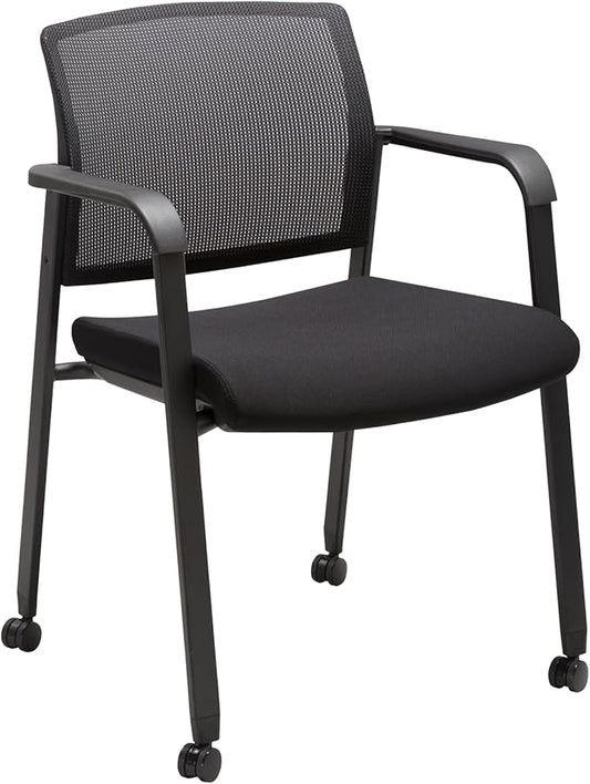CLATINA Black Waiting Room Chair with Wheels Mesh Back Stacking Arm Chairs with Upholstered Fabric Seat and Ergonomic Lumbar Support for Office School Church Guest Reception