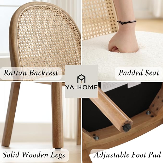 Mid Century Dining Chairs Set of 2, Accent Rattan Side Chairs Sherpa Fabric Kitchen Chair with Solid Wooden Legs for Living Room Dining Room, White