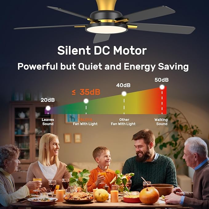 TALOYA 52 inch Ceiling Fans with Lights and Remote,Ultra Silent low profile Ceiling Fan with Three Color Temperature and Dimmable Light with Reversible Blades Black Gold