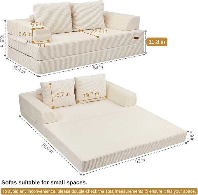 COMAX Convertible Sofa Bed, Folding Floor Couch Corduroy Fold Out Couch Bed Futon Sleeper Mattress with Pillows, Boneless Sofa Comfy Lounge Loveseat for Living Room Bedroom, Beige