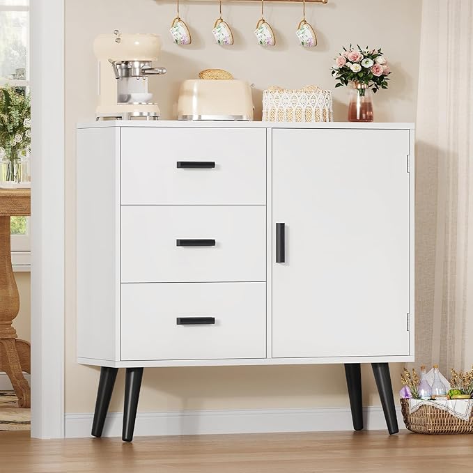 Iwell Storage Cabinet with 3 Drawers, Sideboard Buffet Cabinet with Adjustable Shelf, Freestanding Floor Storage Unit for Living Room, Entryway, Home Office, White