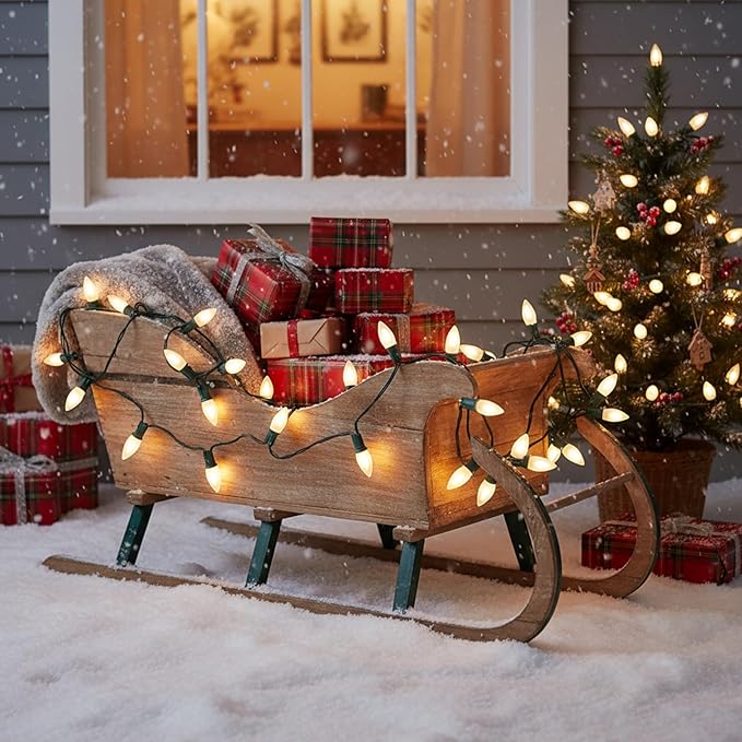 C7 LED Christmas Lights,25ft Frosted Christmas String Lights with 27 LED Frosted White Bulbs,Vintage Warm White Hanging Light for Outdoor Christmas Roofline Party Decorations