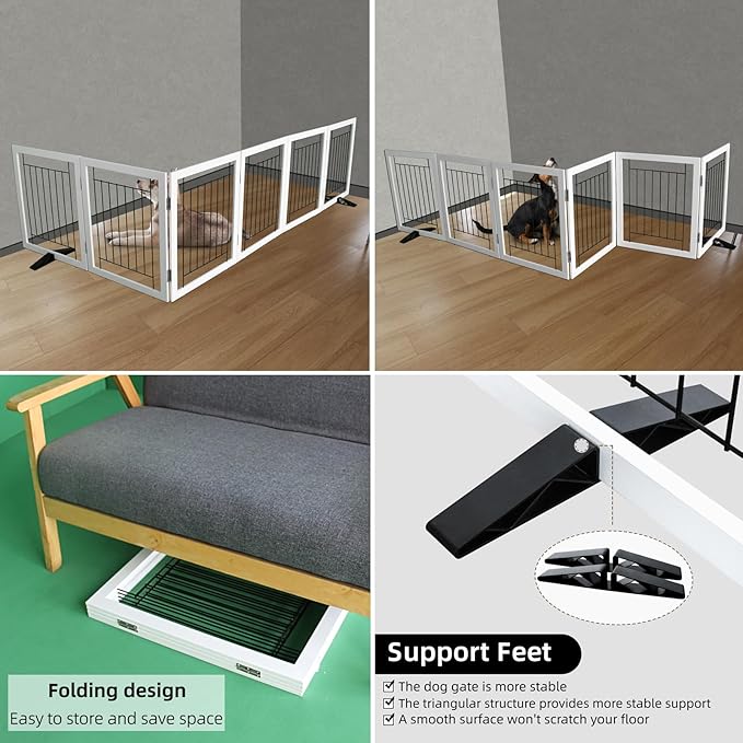 ZJSF Freestanding Dog Gate Indoor, Foldable Dog Fence for Doorways,Hallways or Stairs, Sturdy Wood Extra Wide Pet Gate with Support Feet,White,24 "Height-6 Panels