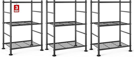 3-Pack Storage Shelves - 3-Tier Metal Wire Shelf Organizer, Slim Shelf Rack with Adjustable Feet for Laundry Room, Kitchen, Garage Organization, 18.2" x 12.3" x 30.4", Black