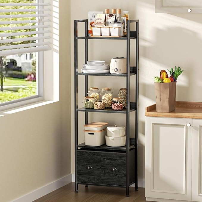 Furologee 5-Tier Bookshelf, Tall Bookcase with 2 Storage Drawers, Industrial Display Standing Shelf Units, Wood and Metal Storage Shelf for Living Room, Bedroom, Home Office, Black Oak