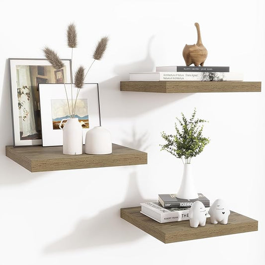 Fun Memories Floating Shelves for Wall - 12 Inch Square Shelves with Invisible Brackets, Small Wall Shelf for Living Room, Bathroom, Bedroom, and Kitchen Decor，Grey Set of 3