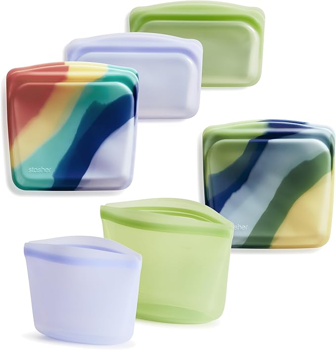Stasher Premium Silicone Reusable Food Storage Bags, 6-Pack, Multi, Multi-Use Food Storage Bags, Lunch Bag, Travel Containers, BPA Free, Leak-free, Dishwasher-Safe, Eco-friendly