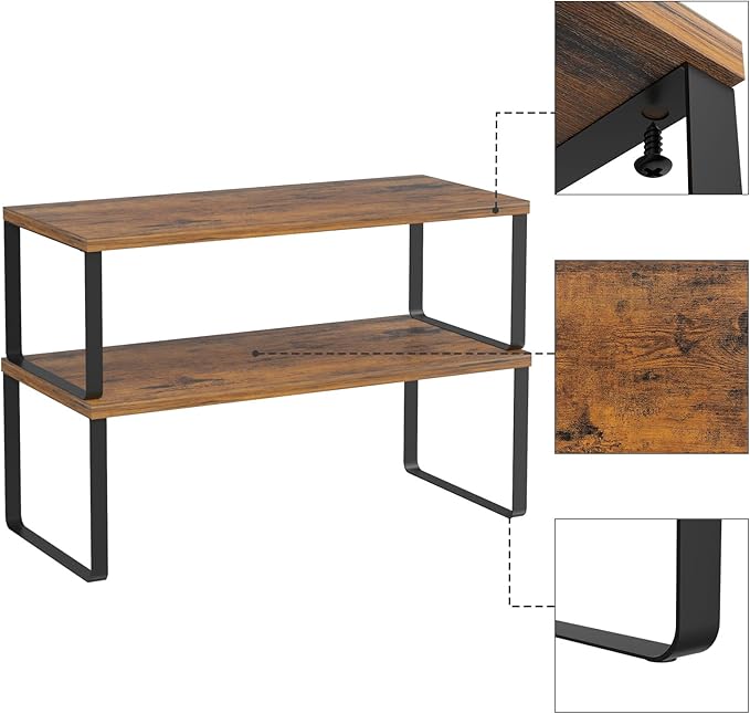 NEX Kitchen Cabinet and Counter Shelf Organizer, Stackable & Expandable, Set of 4, Black and Rustic Brown - 7.7 x 15.6 x 6.2''