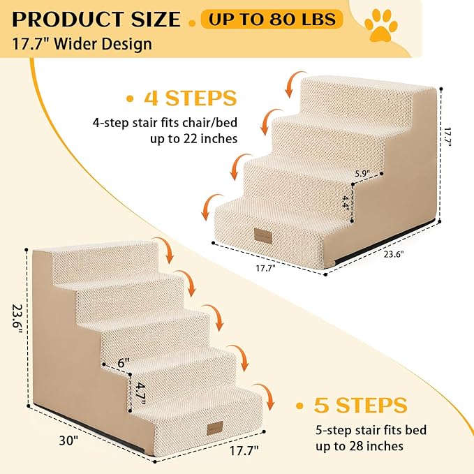 Dog Stairs for Small Dogs, 5 Tier Widened Pet Stairs for High Beds, 23.6" H Non-Slip Dog Steps for Puppy, Elderly, or Disabled Dogs, 17.7x30x23.6 inch, Beige