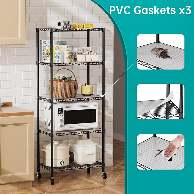 SINGAYE 5 Shelves Storage Shelf Wire Closet Bathroom Organizers Metal Pantry Kitchen Garage Shelving Unit Laundry Room Organization Home Rack Net Basket Black with Wheels