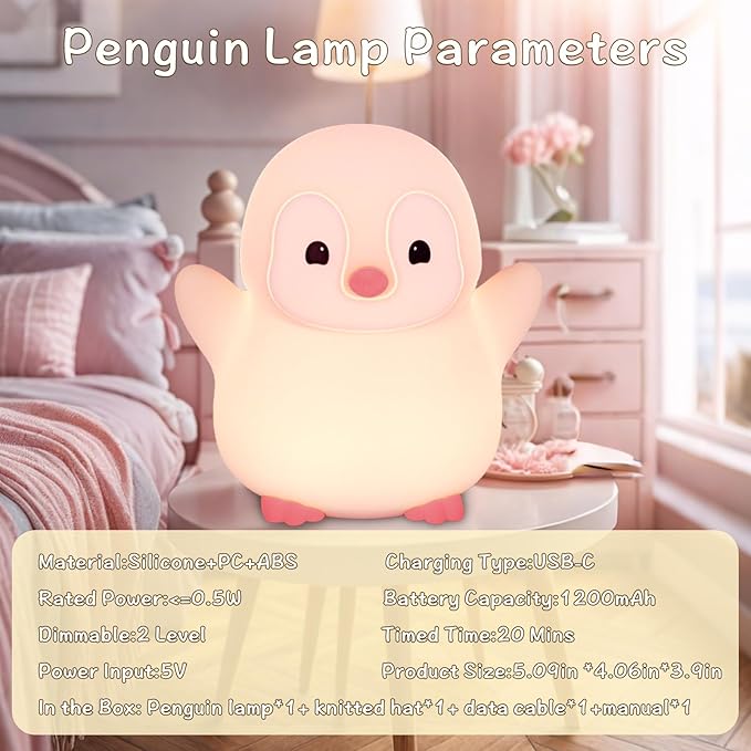 Pink Penguin Night Light,Soft Silicone Nursery Nightlight for Baby,LED Squishy Novelty Animal Bedside Lamp,Rechargeable/Dimmable/Timer,Room Decor, Cute Xmas Gifts for Kids/Girls/ Mom/ Grandma/ Teens