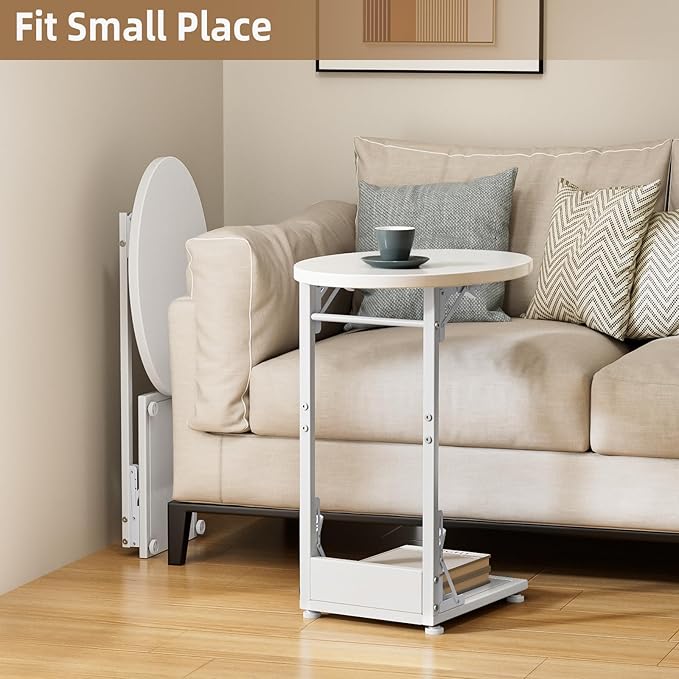 Elbourn Folding Side Table End Couch Tables,Metal Frame C-Shaped TV Stand for Living Room, Bedroom, Coffee Table(White)