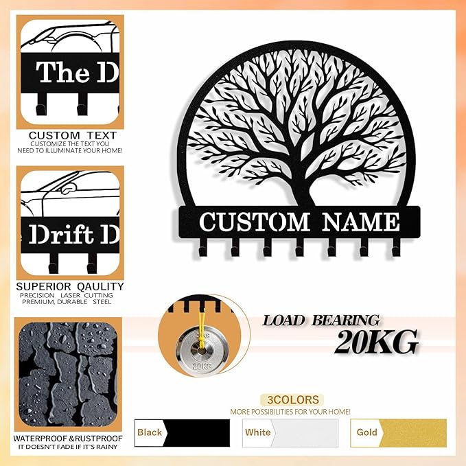 Personalized Key Holder Wall Mount, Custom Tree of Life Metal Keys Hanger for Wall with Name, Custom Key Rack Holder with Hooks for Home, Entryway, Front Door, Living Room, Kitchen, Bathroom