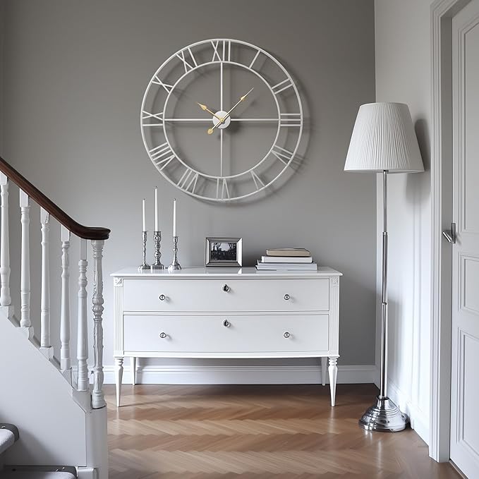 30 Inch Large Wall Clock, Modern Silver Metal Big Decorative Wall Clock Home Decor, Battery-Operated Roman Numeral Analog Metal Round Wall Clocks for Living Room, Bedroom, Office