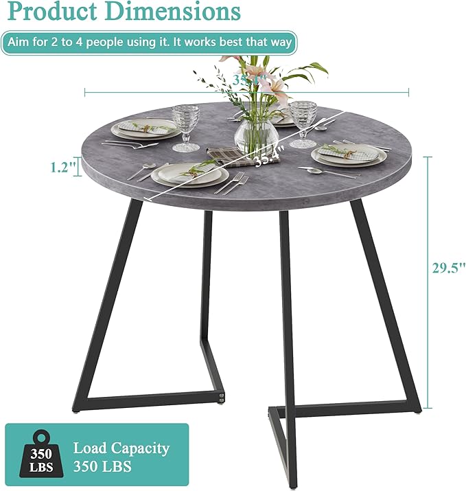 VECELO 35" Round Dining Table for 4, Wood-Grain Tabletop & Heavy-Duty Steel Frame, for Kitchen, Living Room, Easy Assembly, Dark Grey