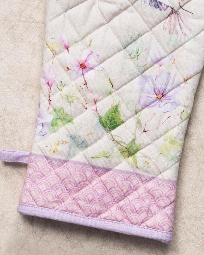 Maison d' Hermine 100% Cotton Oven Mitt & Pot Holder Set (7.5"x13" & 8"x8") Heat Resistant BBQ Cooking Gloves with Loop, Baking, Grilling, Kitchen, Handling Hot Pans Spring/Summer (Magnolia Mornings)