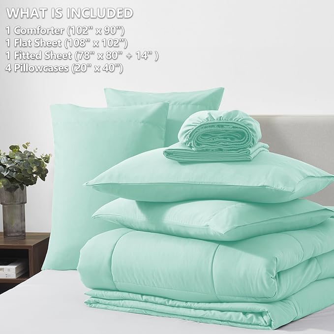 CozyLux King Size Comforter Set Mint Green, 7 Pieces Bed in a Bag, Green Comforter King Size, All Season Bedding Sets with Stitch Quilted Comforter, Flat Sheet, Fitted Sheet, Pillowcases