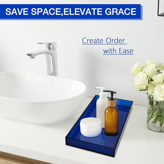 Acrylic Tray 5mm Thicken for Vanity Makeup, Perfume, Jewelry Holder, Napkin, Blue 12x6'' Decorative Serving Tray for Bathroom, Toilet Tank, Sink Countertop, Living Room,Dresser, Coffee Table