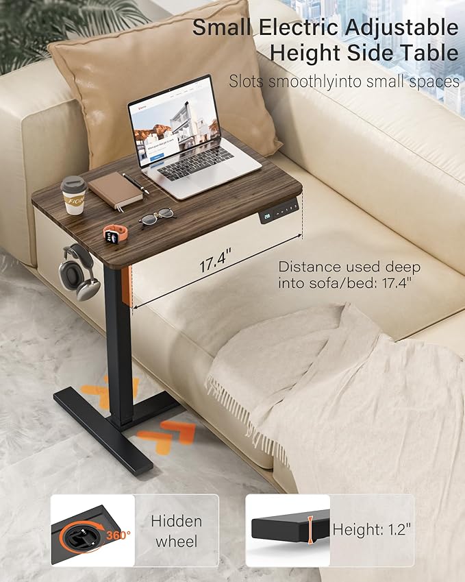 FiCiHi Small Electric Standing Desk - Adjustable Height Bedside Laptop Table with Wheels, Mobile, Portable Rolling Computer Workstation Sit Stand Table for Home Office, Sofa, Couch Use(28x16,Walnut)