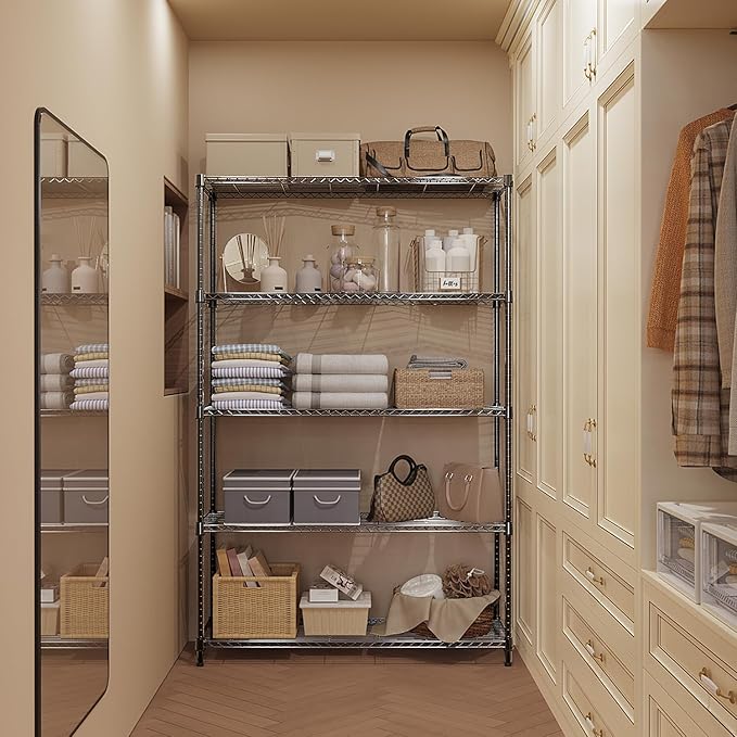 5 Tiers Shelf Metal Storage Shelves Standing 1750 LBs Household Shelf Organizer for Kitchen Pantry Closet Garage Basement Utility Room, Black15.7 D x 45.3" W x 70.4" H