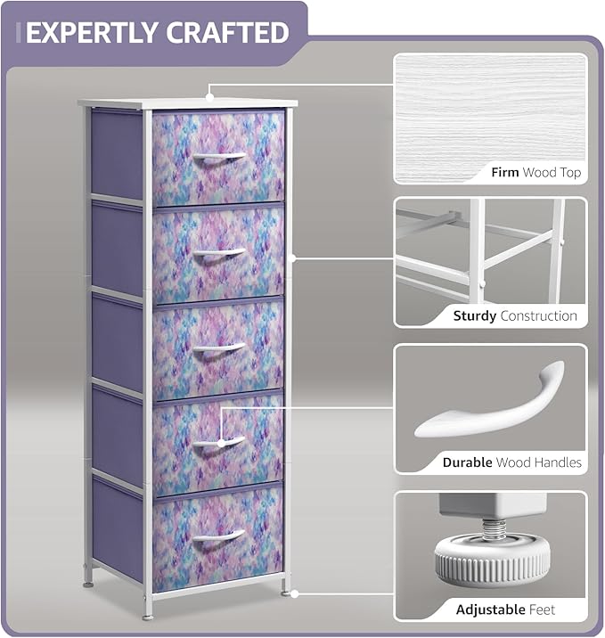 Sorbus Fabric Dresser for Kids Bedroom - Chest of 5 Drawers, Tall Storage Tower, Clothing Organizer, for Closet, for Playroom, for Nursery, Steel Frame, Fabric Bins - Wood Handle (Tie-dye Purple)