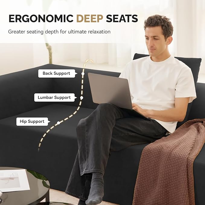 128" Oversized Modern Curved Sofa,Boneless Cloud Sectional Couch with Deep Seat,No Assembly Required Chenille Couches for Living Room,Black,1 PCS