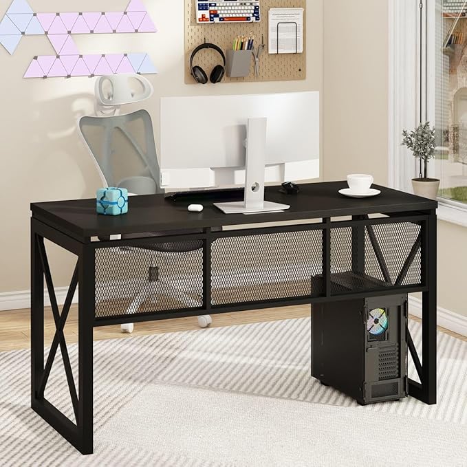 BON AUGURE Black Computer Desk, Modern Gaming Desk, Industrial Wood Office Desks, Sturdy Writing Desks for Home Office, Living Room, Study Workstation, Bedroom (Black, 54 Inch)