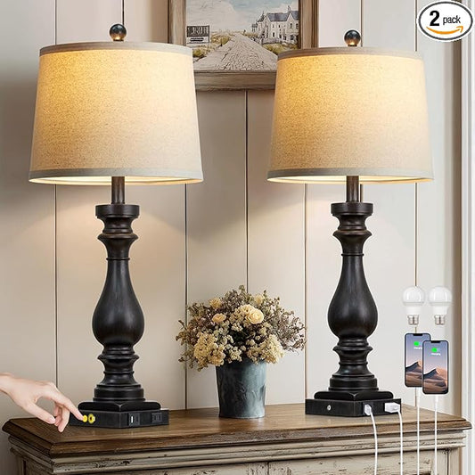 29" Tall Vintage Table Lamps Set of 2,Black Farmhouse Bedside Lamps with USB C+A Ports & AC Outlet,3-Way Dimmable Touch Lamp for Night Stands Living Room Bedroom,Black