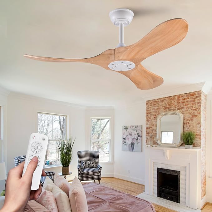 42 Inch Ceiling Fan no Light with Remote, Ceiling Fan without Light, 3 Wooden Blades,Reversible DC Motor,6 Speeds,Outdoor Indoor Ceiling Fan for Patio Bedroom Office