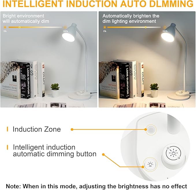 BOHON LED Desk Lamp with USB Charging Port, 3 Color Modes Dimmable Reading Lamp, Auto Dimming Task Lamp, Flexible Neck Table Light for Dorm Bedside, Adapter Include, White