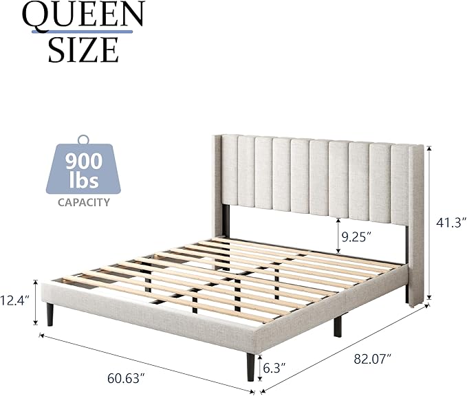 Queen Size Bed Frame with Upholstered Wingback Headboard, Easy Assemnly Platform Bed, Wooden Slat Support No Box Spring Needed, Sand