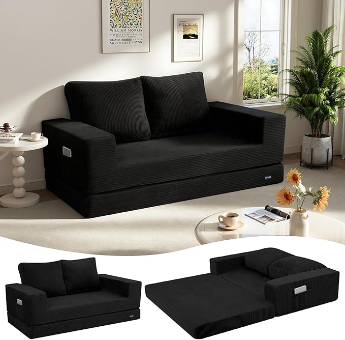 COMAX Convertible Sofa Bed Queen, Folding Fold Out Couch Bed, Floor Futon Couch Corduroy Sleeper Mattress with Back Pillows, Boneless Sofa Comfy Lounge Loveseat for Living Room Bedroom, Black