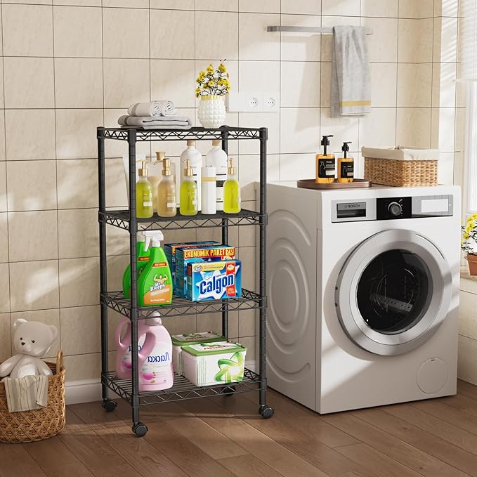 Small 4 Tier Shelves Storage Wire Shelving Unit Metal Shelf Adjustable Organizers Storage Shelving with Wheels for Bathroom Laundry Room Kitchen Pantry12”D x 18”W x 44.8”H Black