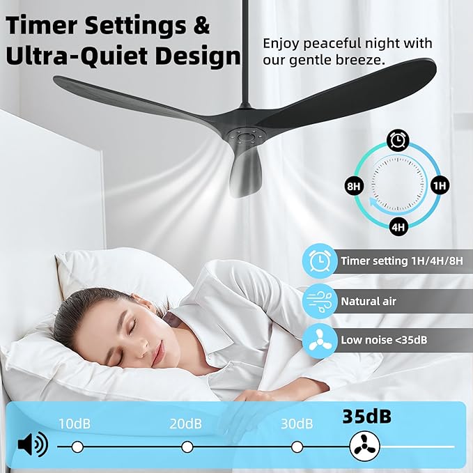 Outdoor Ceiling Fan Without Light, 60 Inch Smart Ceiling Fan with Remote & Voice Control for Alexa/Google, 3-Blade Wood Fan, Quiet DC Motor, 6 Speeds for Patio, Porch, Farmhouse, Black