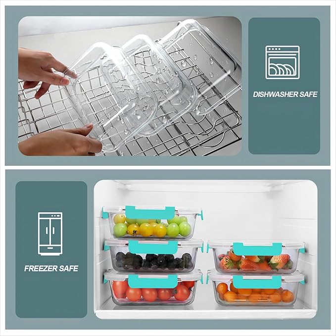 KOMUEE 30 oz 5 Pack Glass Meal Prep Containers, Glass Storage Containers with Lids - Dishwahser, Microwave, Oven and Freezer Safe, Green