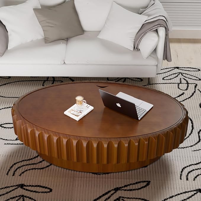 Round Drum Coffee Table White Fluted Coffee Table Circle Center Table Pedestal End Table for Apartment (Oval 43.3in)