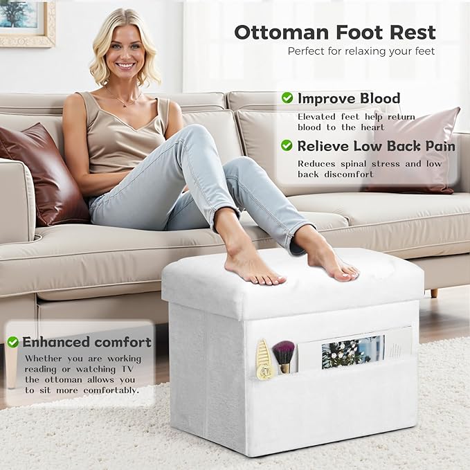 Storage Ottoman Cube, Small Ottoman with Storage with Thicker Furry Padded Seat. Folding Soft Fur Foot Rest Stool for Living Room Bedroom, Holds Up to 300 lbs, 17x13x13IN (White)