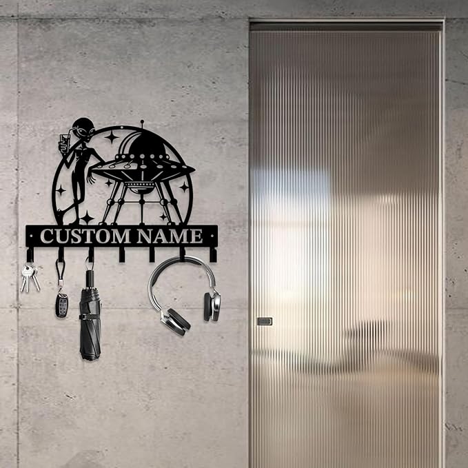 Personalized Custom Alien ET UFO Metal Wall Keys Hooks,Clothes Hooks Alien ET Art coat racks,door holder,Black Alien ET decorations for home,Entrance doors,Hallway, Bedroom,Keys,Hats (Style J)