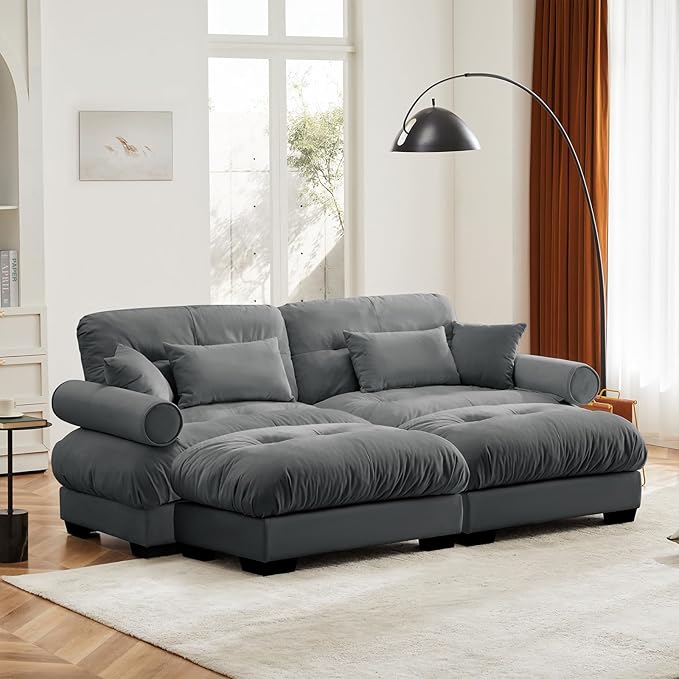 93.7” Oversized Grey Velvet Loveseat Sofa, Deep Seat 2-Seater Modular Sectional Couches for Living Room with 2 Ottoman, Cloud Home Sofas Set, Love Seat Couches