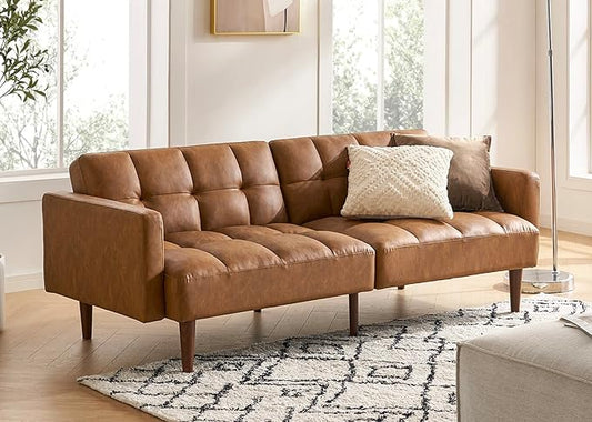 mopio 76.4" Futon Sofa Bed, Couch, Loveseat, Sleeper Sofa, Mid Century Modern Futon Couch, Sofa Cama, Couches for Living Room (Aaron PU, Pecan Brown)