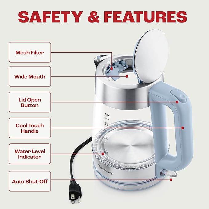 Electric Kettle for Boiling Hot Tea & Water | 1.8L Stainless Steel Borosilicate Glass Boiler With No Plastic, Automatic Shutoff, BPA Free, Fast Heating Technology