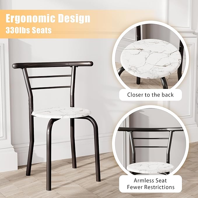 JUMMICO 3-Piece Wooden Round Table & Chair Set, Space Saving Kitchen Breakfast Nook Wood Grain Tabletop with Metal Frame and Built-in Wine Rack for Kitchen, Dining Room (White/Black)