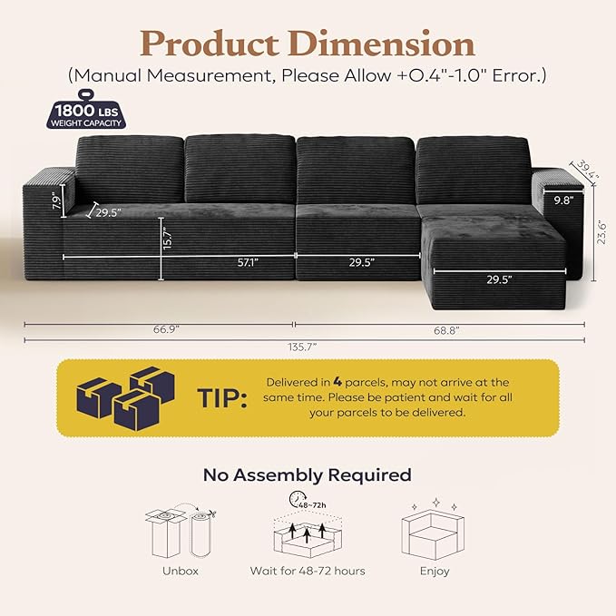 136" Modular Sectional Sofa with L-Shape Chaise, Right/Left Facing Deep Seat Cloud Couch, No Assembly Required, Upholstered Couch for Living Room Bedroom (Black, Plush Corduroy Fabric)