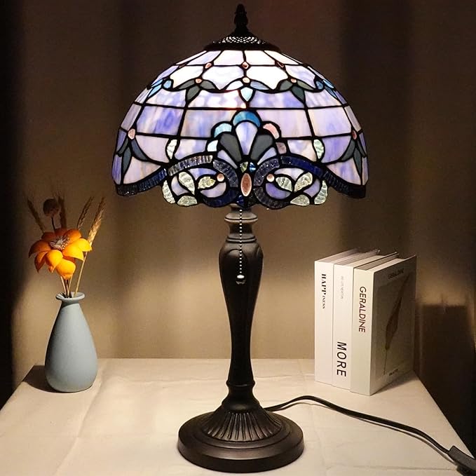 TL0015 Blue Baroque Tiffany Table Lamp Stained Glass Reading Desk Light 12 X 20 Inches for Bedroom Living Room, Handcrafted Artwork for Home Office, LED Bulb Included (Blue Baroque)