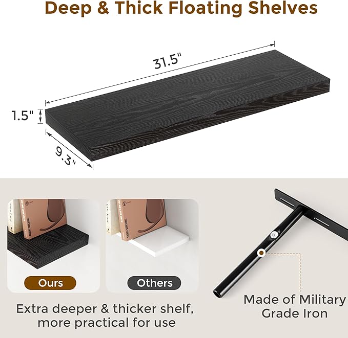 Fun Memories 32 Inch Floating Shelves, Wall-Mounted Bathroom Shelves Set of 2, 9.3 Inch Deep Floating Shelf Bookshelf for Living Room, Bedroom, Heavy-Duty Deep Storage Shelf for Wall, Black Color